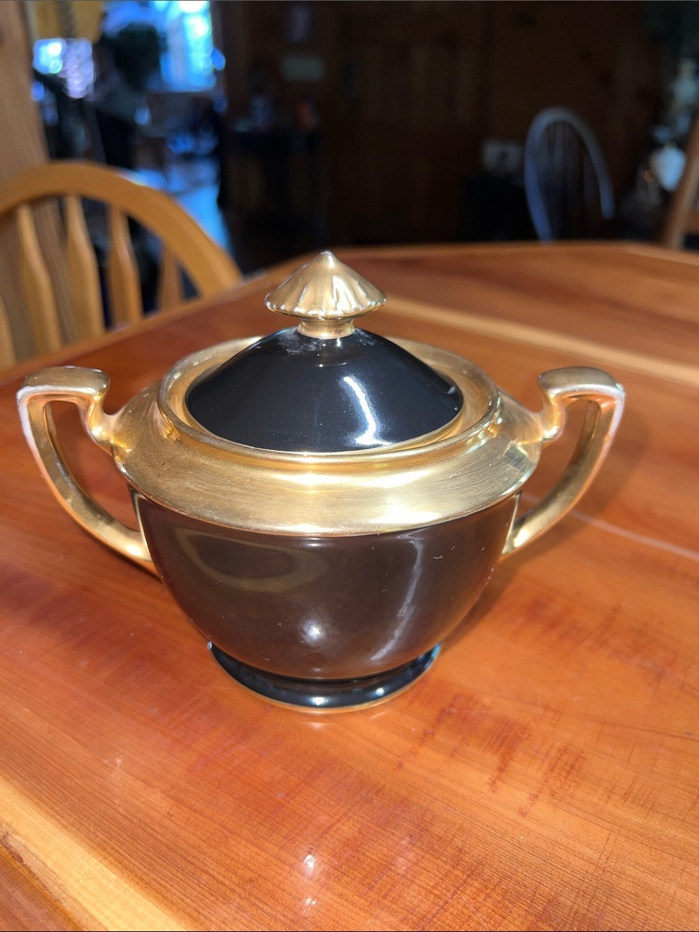 Noritake Black and Gold Lidded Two-Handled Sugar Bowl Art Deco Vintage